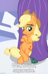 Size: 500x767 | Tagged: safe, edit, edited screencap, imported from derpibooru, screencap, applejack, earth pony, pony, the crystal empire, bipedal, blurry, cropped, female, mare, sugarcube, talking to viewer