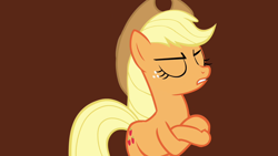 Size: 1280x720 | Tagged: safe, imported from derpibooru, screencap, applejack, magic duel, applejack is not amused, bipedal, crossed hooves, eyes closed, sad, unamused, unhapplejack