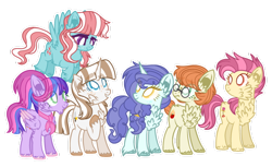 Size: 800x490 | Tagged: safe, artist:kurosawakuro, imported from derpibooru, oc, oc only, earth pony, pegasus, pony, unicorn, alternate timeline, alternate universe, ascot, base used, cheek fluff, chest fluff, ear fluff, female, freckles, glasses, offspring, outline, parent swap, parent swap au, parent:bow hothoof, parent:bright mac, parent:cloudy quartz, parent:cookie crumbles, parent:gentle breeze, parent:hondo flanks, parent:igneous rock, parent:igneous rock pie, parent:night light, parent:pear butter, parent:posey shy, parent:twilight velvet, parent:windy whistles, parents:brightquartz, parents:cookiehoof, parents:pearlight, parents:poseyrock, parents:velvetflanks, parents:windybreeze, simple background, transparent background, unshorn fetlocks