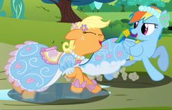 Size: 2048x1314 | Tagged: safe, imported from derpibooru, applejack, rainbow dash, earth pony, pegasus, pony, bow, clothes, dress, eyes closed, flower, flower in hair, froufrou glittery lacy outfit, laughing, pearl, running, tied hair, wet