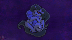 Size: 1280x720 | Tagged: safe, artist:darbedarmoc, imported from derpibooru, oc, oc:minerva, pony, unicorn, crying, fangs, grass, hug, lying down, night, on side, one eye closed, pillow, sad, solo