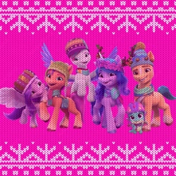 Size: 1080x1080 | Tagged: safe, imported from derpibooru, hitch trailblazer, izzy moonbow, pipp petals, sunny starscout, zipp storm, dragon, earth pony, pegasus, pony, unicorn, baby, baby dragon, christmas, clothes, female, flying, g5, grin, holiday, looking at you, male, mane five, mare, my little pony: make your mark, official, open mouth, open smile, royal sisters (g5), siblings, sisters, smiling, smiling at you, sparky sparkeroni, spread wings, stallion, sweater, wings