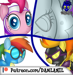 Size: 1390x1416 | Tagged: safe, artist:damlanil, imported from derpibooru, pinkie pie, rainbow dash, spitfire, earth pony, pegasus, pony, advertisement, bodysuit, catsuit, clothes, costume, cropped, cute, female, goggles, latex, latex suit, mare, patreon, patreon preview, petrification, rubber, shadowbolts, shadowbolts costume, shiny, show accurate, spy, spy suit, statue, stone, suit, uniform, vector, wings, wonderbolts, wonderbolts uniform