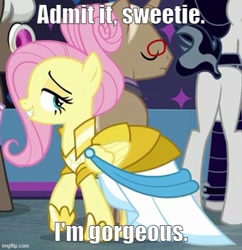 Size: 500x517 | Tagged: safe, edit, edited screencap, imported from derpibooru, screencap, bracer britches, fluttershy, snow hope, pegasus, pony, fake it 'til you make it, beautiful, butt, caption, clothes, dress, female, image macro, imgflip, impact font, mare, plot, solo focus, talking to viewer, text, warrior of inner strength, warriorshy