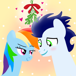 Size: 1400x1400 | Tagged: safe, artist:mlplary6, imported from ponybooru, rainbow dash, soarin', pegasus, pony, blushing, boyfriend and girlfriend, christmas, female, heart, holiday, looking at each other, love, male, mare, mistletoe, romantic, shipping, smiling, smiling at each other, soarindash, stallion, straight