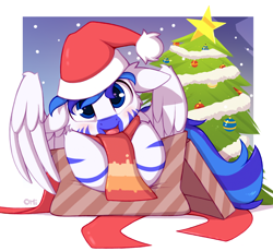 Size: 1360x1249 | Tagged: safe, artist:omi, imported from derpibooru, oc, oc:fifty percent, pegasus, christmas, christmas tree, cute, hat, holiday, male, present, santa hat, solo, tree