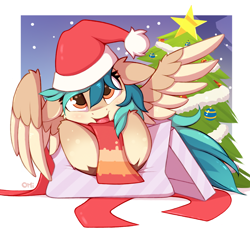 Size: 1360x1249 | Tagged: safe, artist:omi, imported from derpibooru, oc, oc:peacher, pegasus, christmas, christmas tree, cute, hat, holiday, present, santa hat, solo, tree