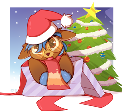 Size: 1360x1249 | Tagged: safe, artist:omi, imported from derpibooru, oc, oc:navi, deer, deer pony, hybrid, original species, christmas, christmas tree, cute, glasses, hat, holiday, present, santa hat, solo, tree