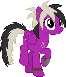 Size: 4000x4607 | Tagged: safe, artist:parclytaxel, imported from derpibooru, oc, oc only, oc:sassy lost, pegasus, pony, derpibooru community collaboration, fallout equestria, .svg available, 2024 community collab, absurd resolution, ear piercing, earring, female, heterochromia, jewelry, looking at you, mare, piercing, raised hoof, scar, simple background, smiling, smiling at you, solo, spiked wristband, transparent background, vector, wristband