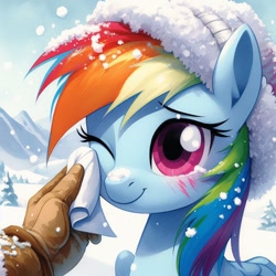 Size: 1024x1024 | Tagged: prompter needed, safe, imported from derpibooru, rainbow dash, human, pegasus, pony, ai content, ai generated, blushing, bust, cloth, clothes, cute, dashabetes, female, female focus, g4, generator:dall-e 3, gloves, hand, hat, looking at you, mare, mountain, mountain range, offscreen character, offscreen human, one eye closed, outdoors, pov, sky, smiling, smiling at you, snow, solo focus, tree, winter, winter hat, wiping