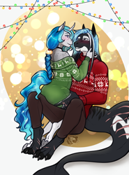 Size: 2897x3915 | Tagged: safe, artist:blackblood-queen, imported from derpibooru, oc, oc:bubble lee, oc:mako, anthro, digitigrade anthro, orca, orca pony, original species, unguligrade anthro, unicorn, anthro oc, choker, christmas, christmas 2023, christmas lights, christmas sweater, clothes, couple, curved horn, female, freckles, happy, hearth's warming, hearth's warming eve, holiday, horn, husband and wife, looking at each other, looking at someone, makolee, male, mare, married couple, oc x oc, off shoulder, off shoulder sweater, pants, scar, shipping, smiling, stallion, straight, sweater, unicorn oc, wholesome