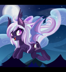 Size: 2500x2700 | Tagged: safe, artist:spookyle, imported from derpibooru, oc, oc:hollow mist, bat pony, pony, female, flying, mare, moon, night, solo