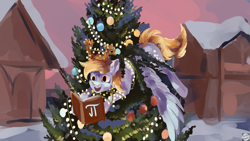 Size: 1920x1080 | Tagged: safe, artist:krapinkaius, imported from derpibooru, derpy hooves, antlers, book, christmas, christmas lights, christmas tree, derpy being derpy, g4, garland, holiday, house, pi, reindeer antlers, stuck, tree