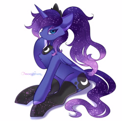 Size: 3000x3000 | Tagged: safe, artist:monstrum, imported from derpibooru, princess luna, alicorn, clothes, cute, looking at you, ponytail, simple background, sitting, socks, solo, stockings, thigh highs, white background