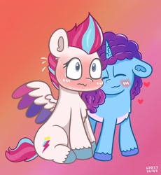 Size: 1782x1936 | Tagged: safe, artist:limitmj, imported from derpibooru, zipp storm, pegasus, pony, unicorn, blushing, dawnstorm, female, g5, gradient background, lesbian, mare, misty brightdawn, nuzzling, shipping, zippsty