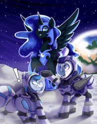 Size: 2750x3500 | Tagged: safe, artist:shadowreindeer, imported from derpibooru, nightmare moon, oc, oc:astral azure, oc:orion zephyr, earth pony, pegasus, fanfic:somnambulance, astronaut, commission, earth, high res, moon, space, spacesuit, surprised