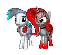 Size: 526x474 | Tagged: safe, artist:snowy starshine, imported from derpibooru, oc, oc only, oc:red virus, oc:snowy starshine, alicorn, pegasus, 3d, headphones, jewelry, looking at each other, looking at someone, mech pony, necklace, simple background, transparent background