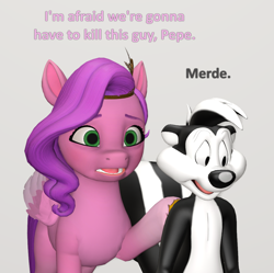 Size: 1086x1080 | Tagged: safe, artist:red4567, imported from derpibooru, pipp petals, pegasus, pony, skunk, 3d, animal, crossover, female, french, g5, i think we're gonna have to kill this guy, looney tunes, male, meme, pepe le pew, simple background, source filmmaker, vulgar