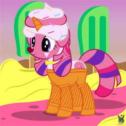 Size: 1418x1419 | Tagged: safe, artist:wheatley r.h., derpibooru exclusive, imported from derpibooru, oc, oc only, oc:twi clown, food pony, original species, pony, unicorn, birthday gift, bowtie, cherry, clone, cute, female, food, horn, ice cream cone, mare, ponified, solo, unicorn oc, vector, watermark