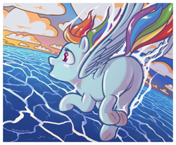 Size: 780x642 | Tagged: safe, artist:stratodraw, imported from derpibooru, rainbow dash, pegasus, pony, female, flowing mane, flowing tail, flying, mare, missing cutie mark, ocean, open mouth, open smile, smiling, solo, spread wings, tail, underhoof, water, wings