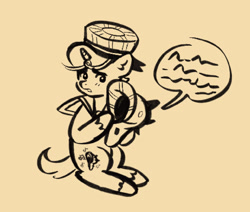 Size: 1280x1087 | Tagged: safe, artist:i-ate-a-purse, imported from derpibooru, pony, unicorn, colt, cookie run, crossover, foal, hat, male, monochrome, peppermint cookie, ponified, sailor hat, seashell, simple background, speech bubble