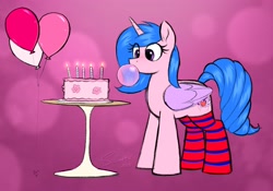 Size: 3756x2622 | Tagged: safe, artist:selenophile, imported from derpibooru, oc, oc only, alicorn, pony, abstract background, alicorn oc, balloon, birthday, birthday cake, bubblegum, cake, clothes, explicit source, eye clipping through hair, food, gum, horn, socks, solo, striped socks, wings