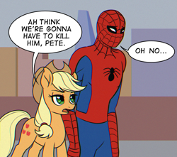 Size: 1813x1600 | Tagged: safe, artist:redahfuhrerking, imported from derpibooru, applejack, earth pony, human, pony, 60s spider-man, dialogue, duo, female, g4, human male, i think we're gonna have to kill this guy, male, mare, marvel, meme, ponified meme, speech bubble, spider-man