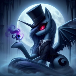 Size: 1024x1024 | Tagged: safe, imported from derpibooru, princess luna, alicorn, undead, vampire, vampony, ai content, ai generated, alive fire, bat wings, clothes, creature, dark magic, dark skin, ears up, fog, g4, generator:dall-e 3, hat, horn, light, looking at you, magic, magical fire, magician, magician hat, magician outfit, moon, night, one eye, prompter:rektpay, purple fire, serious, serious face, sitting, spread wings, suit, wings