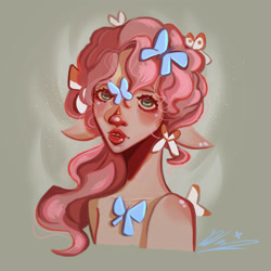 Size: 3000x3000 | Tagged: safe, artist:8lep8a, imported from derpibooru, fluttershy, butterfly, human, bare shoulder portrait, bare shoulders, bust, elf ears, female, humanized, lips, looking at you, portrait, shoulder blush, solo