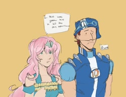 Size: 2048x1583 | Tagged: safe, artist:ballermiku, imported from derpibooru, kotobukiya, fluttershy, human, dialogue, duo, duo male and female, female, humanized, i think we're gonna have to kill this guy, kotobukiya fluttershy, lazytown, male, meme, ponified meme, simple background, speech bubble, sportacus, vulgar, yellow background