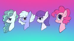 Size: 1920x1080 | Tagged: safe, artist:craftyvampire7, imported from derpibooru, limestone pie, marble pie, maud pie, pinkie pie, earth pony, pony, bust, female, gradient background, pie sisters, siblings, sisters, solo