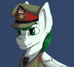 Size: 3547x3198 | Tagged: safe, artist:monx94, imported from derpibooru, oc, oc:mintfeather, pegasus, pony, equestria at war mod, blue background, bust, clothes, commission, military, military uniform, pegasus oc, portrait, simple background, solo, uniform, wings