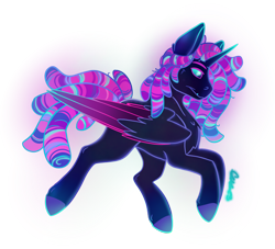 Size: 1482x1343 | Tagged: safe, artist:thatmlpartist, artist:trashpanda czar, imported from derpibooru, oc, oc only, oc:blacklight rave, alicorn, alicorn oc, dreadlocks, glowing, gradient hooves, horn, jumping, procreate app, signature, simple background, solo, transparent background, wings