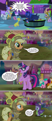 Size: 1200x2768 | Tagged: safe, artist:silverbuller, imported from derpibooru, applejack, princess luna, spike, twilight sparkle, alicorn, dragon, earth pony, clothes, costume, dialogue, female, g4, glasses, implied sci-twi, male, nightmare night, twilight sparkle (alicorn)