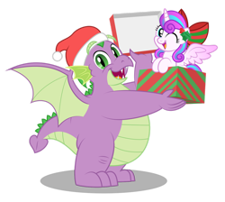 Size: 1280x1147 | Tagged: safe, artist:aleximusprime, imported from derpibooru, princess flurry heart, spike, alicorn, dragon, pony, flurry heart's story, bow, box, christmas, duo, duo male and female, fat, fat spike, female, filly, foal, hair bow, hat, holiday, holly, looking at you, male, older, older flurry heart, older spike, one eye closed, open mouth, pony in a box, present, santa hat, simple background, smiling, spread wings, transparent background, wings, wink