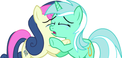 Size: 1295x617 | Tagged: safe, artist:stephen-fisher, imported from derpibooru, bon bon, lyra heartstrings, sweetie drops, earth pony, pony, unicorn, crying, female, g4, lesbian, ship:lyrabon, shipping, simple background, transparent background