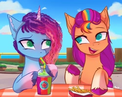 Size: 2048x1638 | Tagged: safe, artist:maxi_ponie, imported from derpibooru, sunny starscout, earth pony, pony, unicorn, blushing, date, drink, female, food, french fries, g5, heartwarming, lesbian, looking at each other, looking at someone, mane stripe sunny, mare, maretime bay, misty brightdawn, mistybetes, outdoors, rebirth misty, shipping, smoothie, sunnybetes, sunnydawn