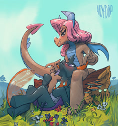 Size: 1549x1648 | Tagged: safe, artist:ladysdino, imported from derpibooru, mina, pharynx, changedling, changeling, dragon, blushing, crack shipping, cuddling, female, g4, male, shipping, straight