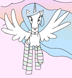 Size: 1070x1152 | Tagged: safe, artist:purblehoers, imported from derpibooru, princess celestia, alicorn, pony, :p, choker, clothes, cloud, female, front view, heart, looking at you, mare, on a cloud, pink cloud, pink sky, raised hoof, socks, solo, spread wings, standing on a cloud, striped socks, tongue out, wings