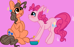 Size: 3094x1964 | Tagged: source needed, safe, artist:nootaz, imported from derpibooru, pinkie pie, oc, oc:robertapuddin, blushing, cute, happy, pinkiefied