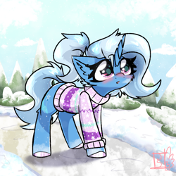 Size: 2000x2000 | Tagged: safe, artist:jubyskylines, imported from derpibooru, trixie, pony, unicorn, alternate hairstyle, blushing, breath, clothes, cute, diatrixes, ear fluff, female, mare, ponytail, snow, solo, sweater