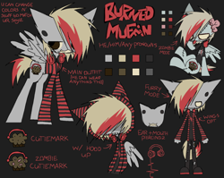 Size: 1280x1018 | Tagged: safe, artist:burnedmuffinz, imported from derpibooru, oc, oc only, oc:burned muffin, pegasus, pony, undead, zombie, zombie pony, brain, clothes, ear piercing, emo, furry, furry oc, hair over eyes, hair over one eye, headphones, hoodie, lip piercing, organs, pegasus oc, piercing, ponysona, reference sheet, shirt, skrillex, snake bites, stitches, tongue out, wings