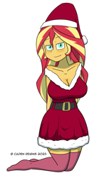 Size: 1515x2875 | Tagged: safe, artist:cadenreigns, imported from derpibooru, sunset shimmer, human, equestria girls, blushing, breasts, busty sunset shimmer, christmas, clothes, costume, female, hat, holiday, santa claus, santa costume, santa hat, stupid sexy sunset shimmer