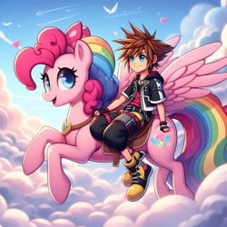 Size: 1024x1024 | Tagged: safe, artist:user15432, imported from derpibooru, pinkie pie, human, pegasus, pony, ai content, ai generated, alternate cutie mark, crossover, flying, generator:bing image creator, heart, humans riding ponies, kingdom hearts, multicolored hair, pegasus pinkie pie, prompter:user15432, race swap, rainbow hair, rainbow tail, riding, smiling, sora