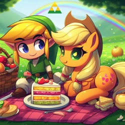 Size: 1024x1024 | Tagged: safe, artist:user15432, imported from derpibooru, applejack, earth pony, hylian, ai content, ai generated, alternate character, basket, blanket, cake, crossover, female, food, generator:bing image creator, link, looking at each other, male, picnic, picnic basket, picnic blanket, prompter:user15432, rainbow, smiling, the legend of zelda, triforce