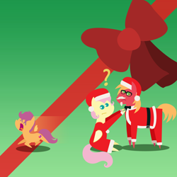 Size: 2160x2160 | Tagged: safe, anonymous artist, imported from derpibooru, big macintosh, fluttershy, scootaloo, earth pony, pegasus, pony, series:fm holidays, series:hearth's warming advent calendar 2023, advent calendar, alternate hairstyle, beard, christmas, clothes, colonel sanders, confused, cosplay, costume, dress, facial hair, fake beard, female, filly, foal, g4, glasses, hat, high res, holiday, lineless, male, mare, meme, moustache, pointy ponies, question mark, running, santa costume, santa hat, scared, scootachicken, ship:fluttermac, shipping, short mane, sitting, stallion, straight, trio