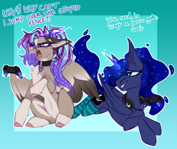 Size: 1969x1652 | Tagged: safe, artist:ouijaa, imported from derpibooru, princess luna, oc, oc:ouija, alicorn, demon, demon pony, original species, pony, succubus, succubus pony, gamer luna, abstract background, adorable distress, belly, big ears, chest fluff, clothes, coat markings, collar, colored, colored wings, concave belly, controller, countershading, crossed hooves, cute, duo, ear fluff, ethereal mane, ethereal tail, eyebrows, eyes closed, female, floppy ears, folded wings, frustrated, furrowed brow, g4, gaming, gaming headset, glowing, glowing horn, gradient mane, gradient wings, headset, hooves, horn, lidded eyes, lying down, magic, magic aura, mare, minecraft, no source available, open mouth, partially open wings, pet tag, prone, sharp teeth, sketch, slender, socks, striped socks, succubus oc, tail, talking, teeth, telekinesis, thin, wall of tags, wings