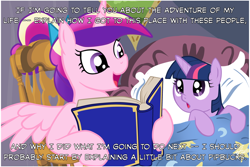 Size: 1024x683 | Tagged: safe, artist:zetared, deleted from derpibooru, editor:bikerdash, imported from ponybooru, princess cadance, twilight sparkle, alicorn, pony, unicorn, fallout equestria, bed, bedtime story, book, cadance's bedtime stories, chair, exploitable meme, female, females only, filly, filly twilight sparkle, foal, looking up, meme, pillow, reading, teen princess cadance, unicorn twilight, young, younger