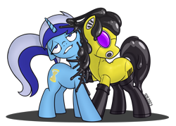 Size: 2270x1623 | Tagged: safe, artist:superderpybot, imported from derpibooru, minuette, oc, oc:del, earth pony, pony, unicorn, assimilation, bar code, bedroom eyes, drone, earth pony oc, female, fetish, g4, gas mask, hazmat pony drone, hazmat suit, latex, latex fetish, latex suit, lip bite, liquid latex, living latex, male, mare, mask, rubber, rubber boots, rubber drone, rubber suit, shiny, simple background, stallion, transparent background