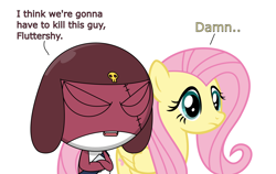 Size: 3000x1897 | Tagged: safe, artist:keronianniroro, imported from derpibooru, fluttershy, pegasus, pony, duo, duo male and female, female, giroro, high res, i think we're gonna have to kill this guy, keronian, male, mare, meme, sergeant frog, simple background, vector, vulgar, white background